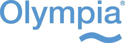 Logo Olympia, testo azzurro, disegno a onda.