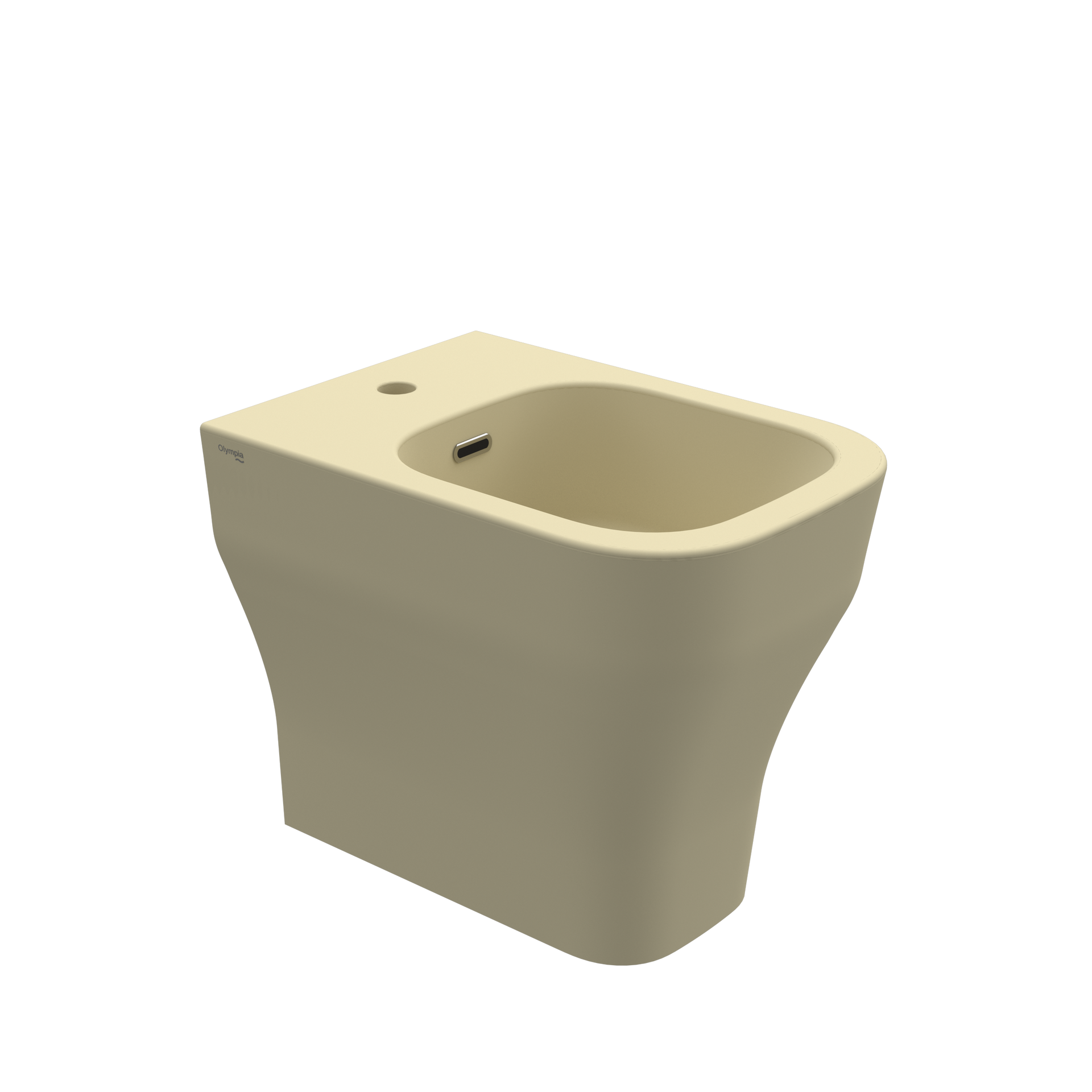 WC in ceramica beige dal design moderno e arrotondato su sfondo bianco.