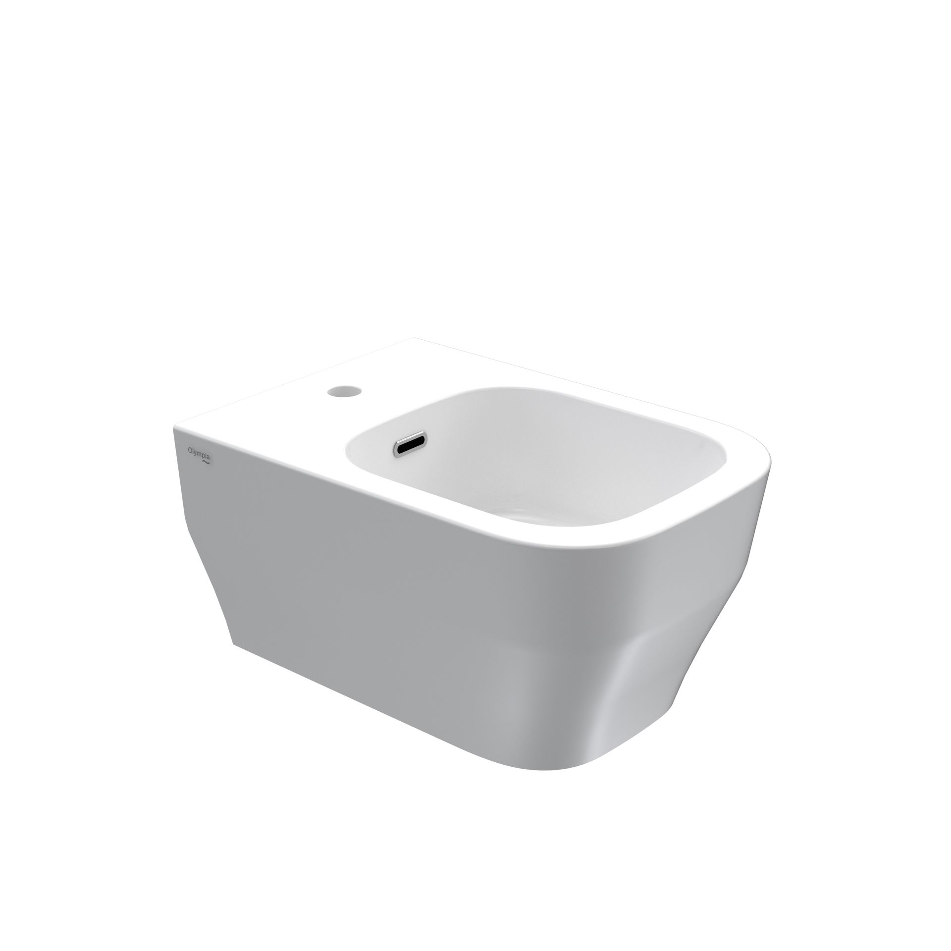 WC bidet moderno bianco a parete con lavabo arrotondato e foro laterale per il rubinetto su sfondo neutro.