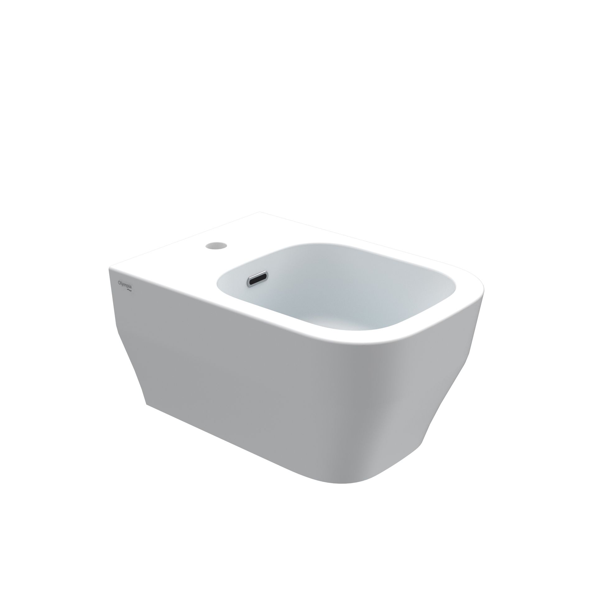 Bidet bianco a parete con vasca arrotondata e foro singolo per rubinetto su sfondo bianco uniforme.