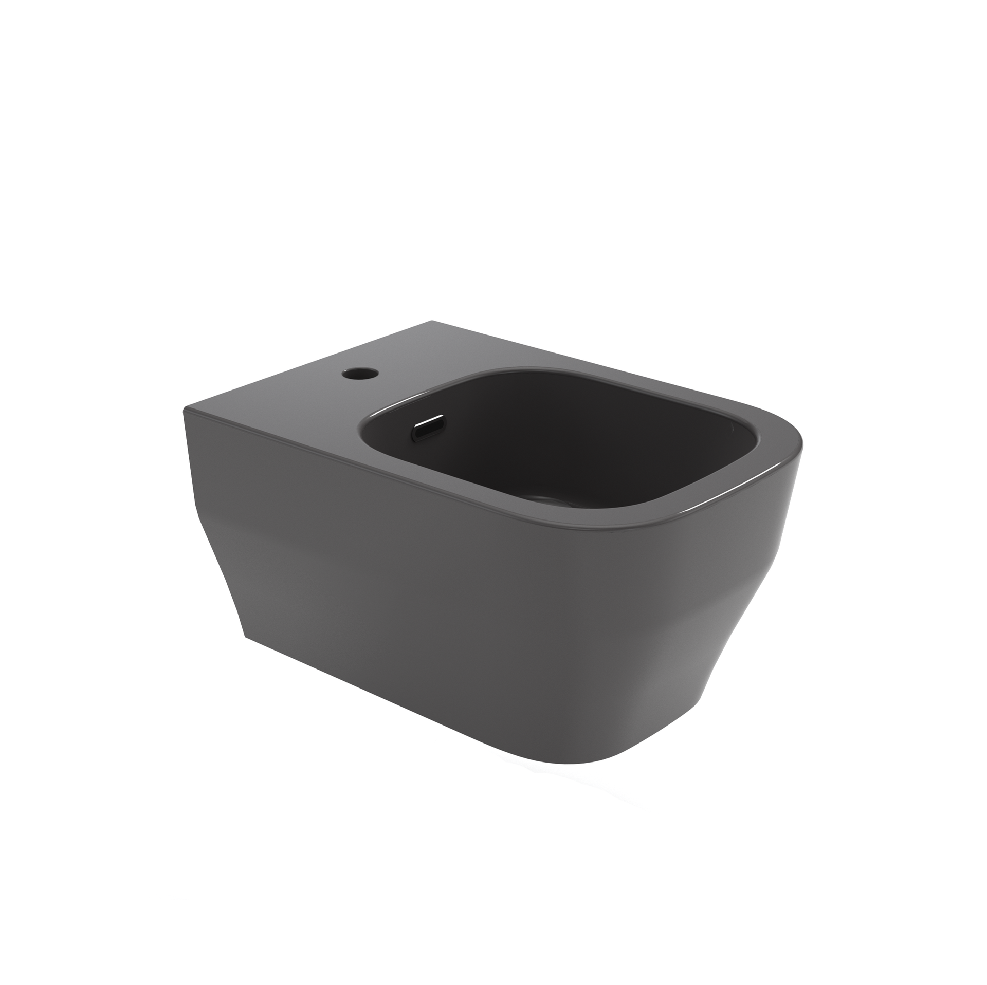 Bidet moderno grigio a parete con lavabo arrotondato nero e sfondo bianco.