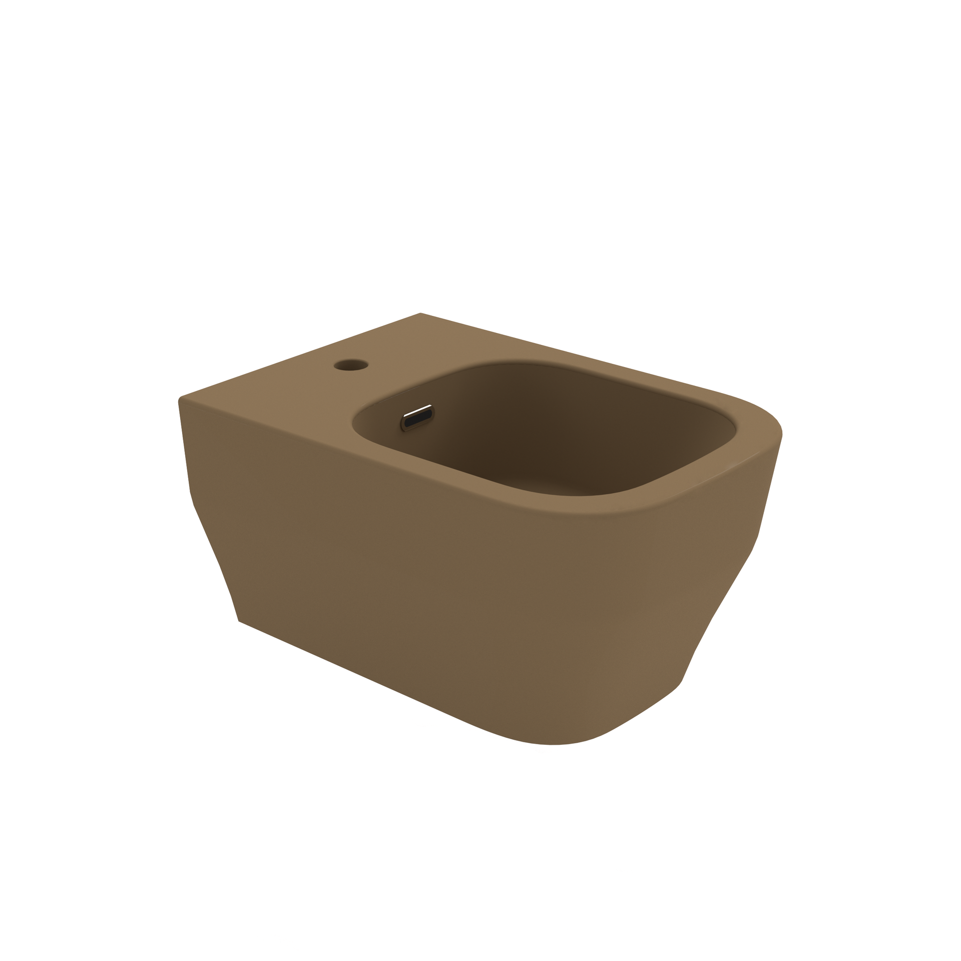 Bidet a parete di colore marrone con vasca arrotondata e fori per il rubinetto.