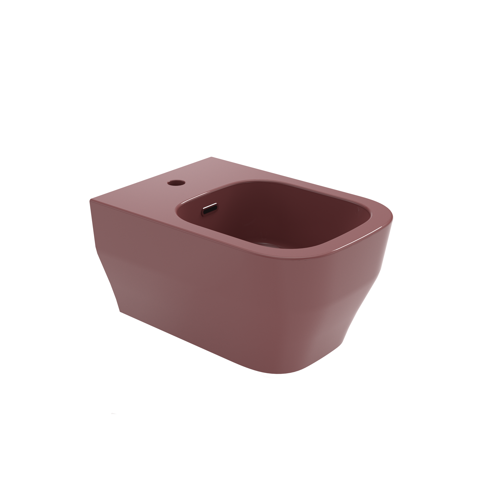 Bidet a parete in ceramica rosa con lavabo ovale e fori per il rubinetto.