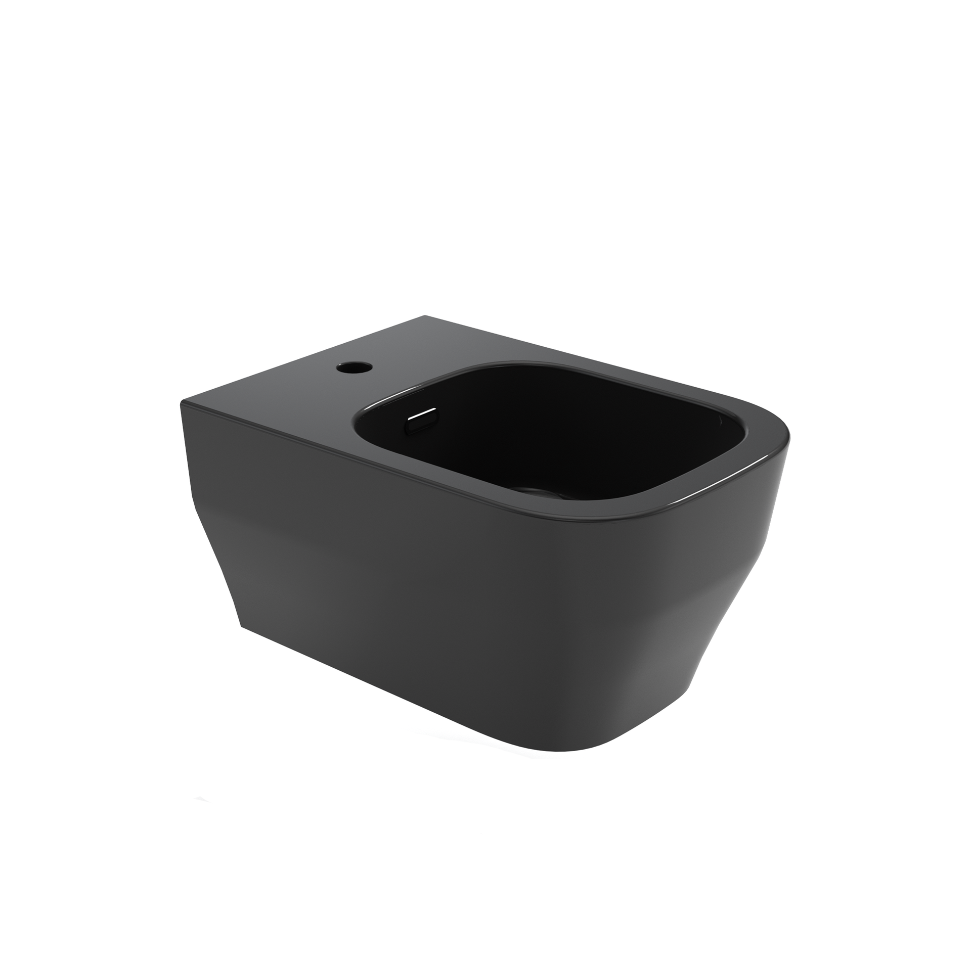 WC moderno di colore grigio scuro con sedile aperto su sfondo bianco.