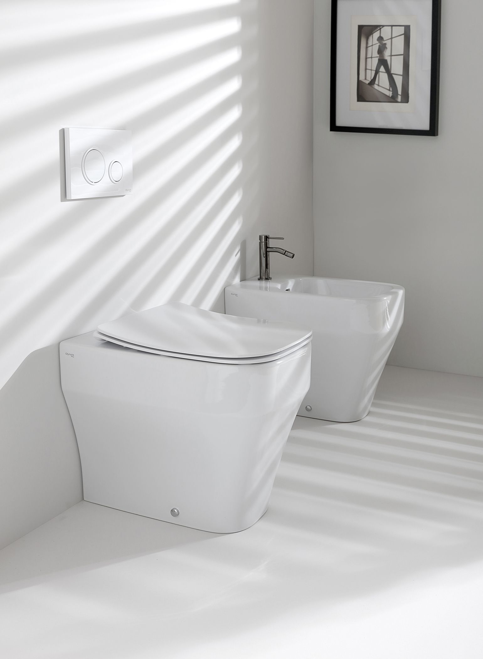 WC e bidet bianchi moderni in un bagno. Le tende proiettano ombre. Un'opera d'arte incorniciata è appesa alla parete.
