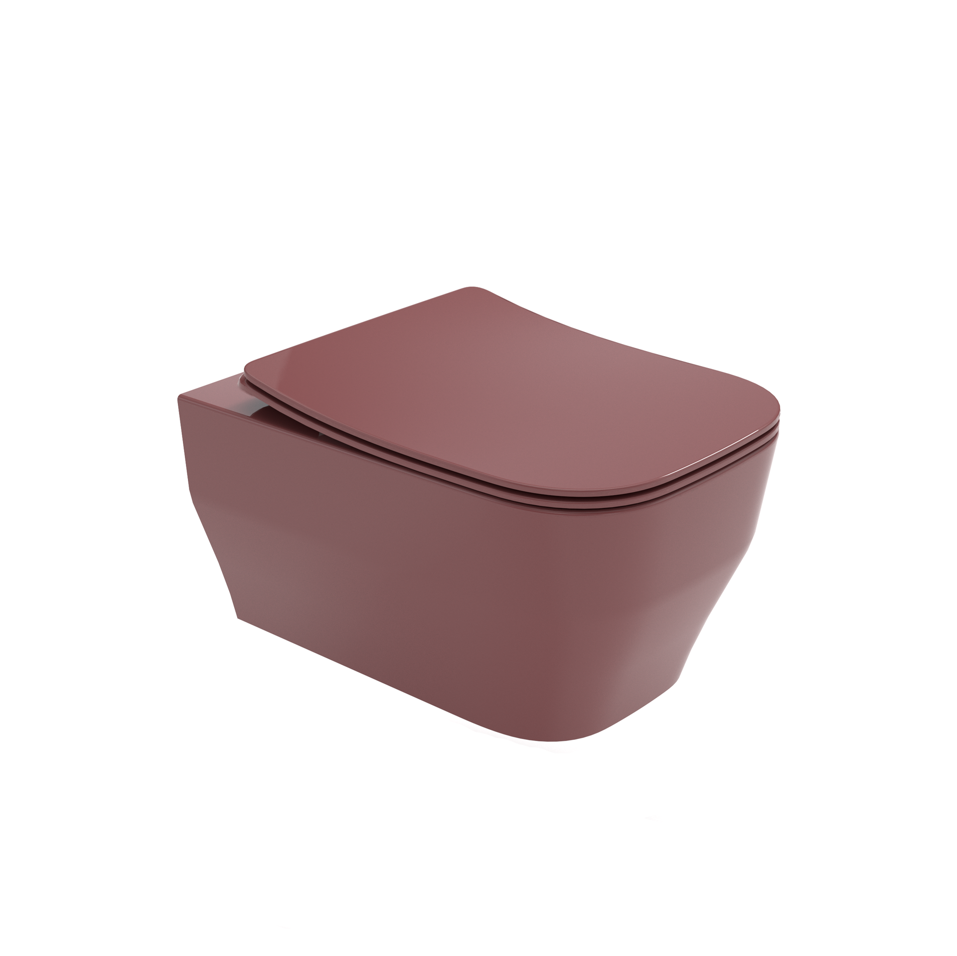 Wc bordeaux con tavoletta su sfondo bianco.