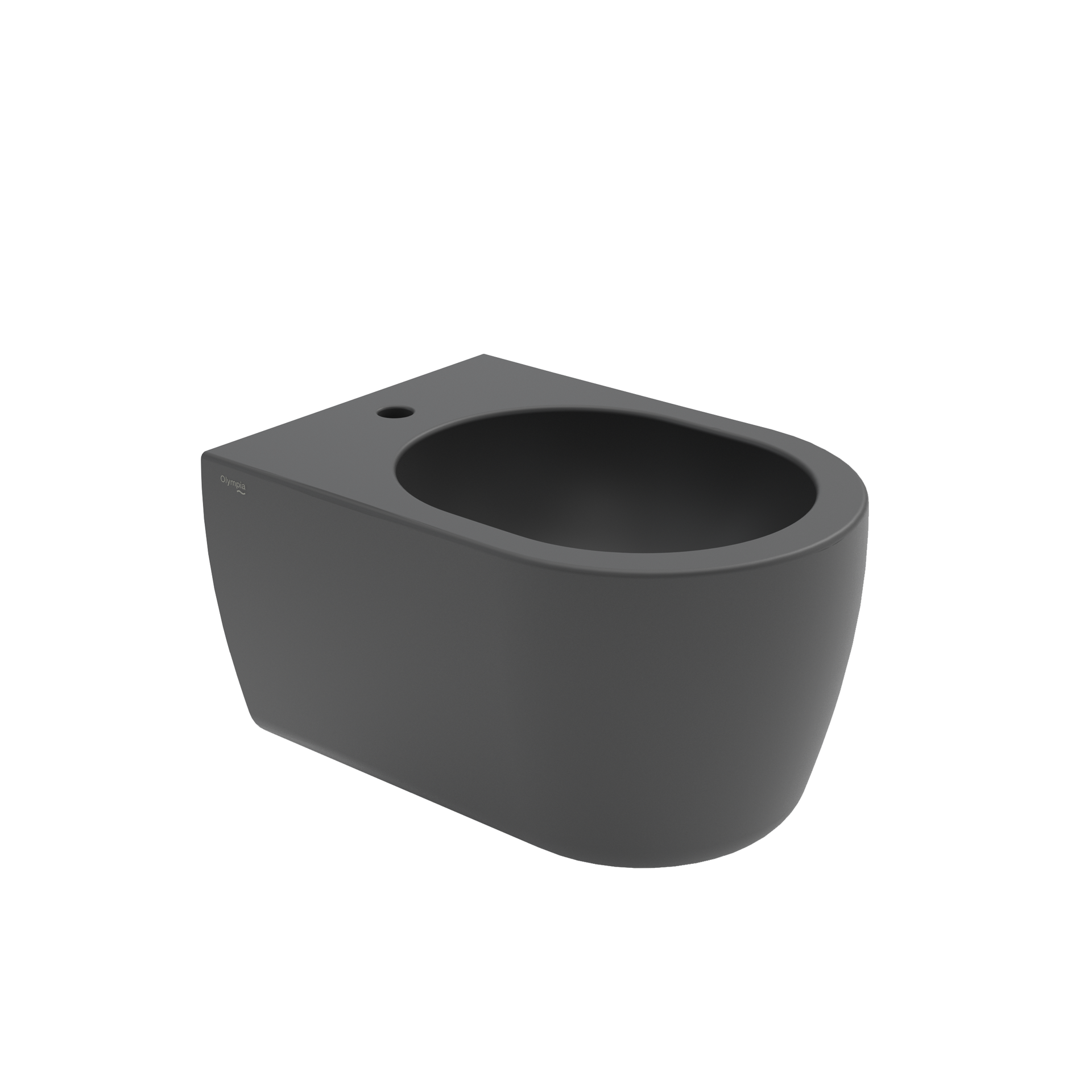WC sospeso di colore grigio scuro con sedile ovale su sfondo bianco.