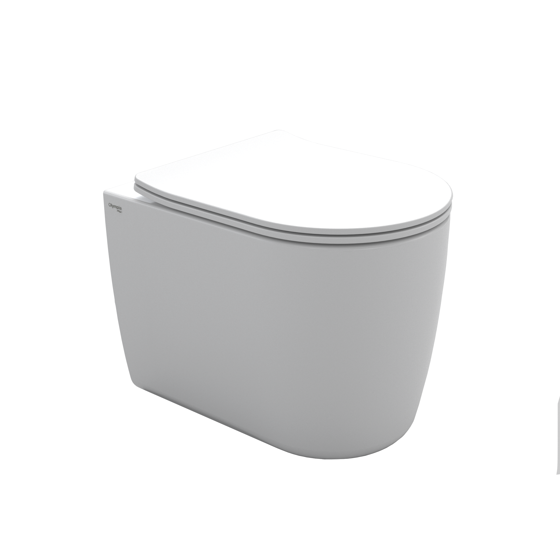Mobile o podio grigio con frontale curvo e piano bianco su sfondo neutro.