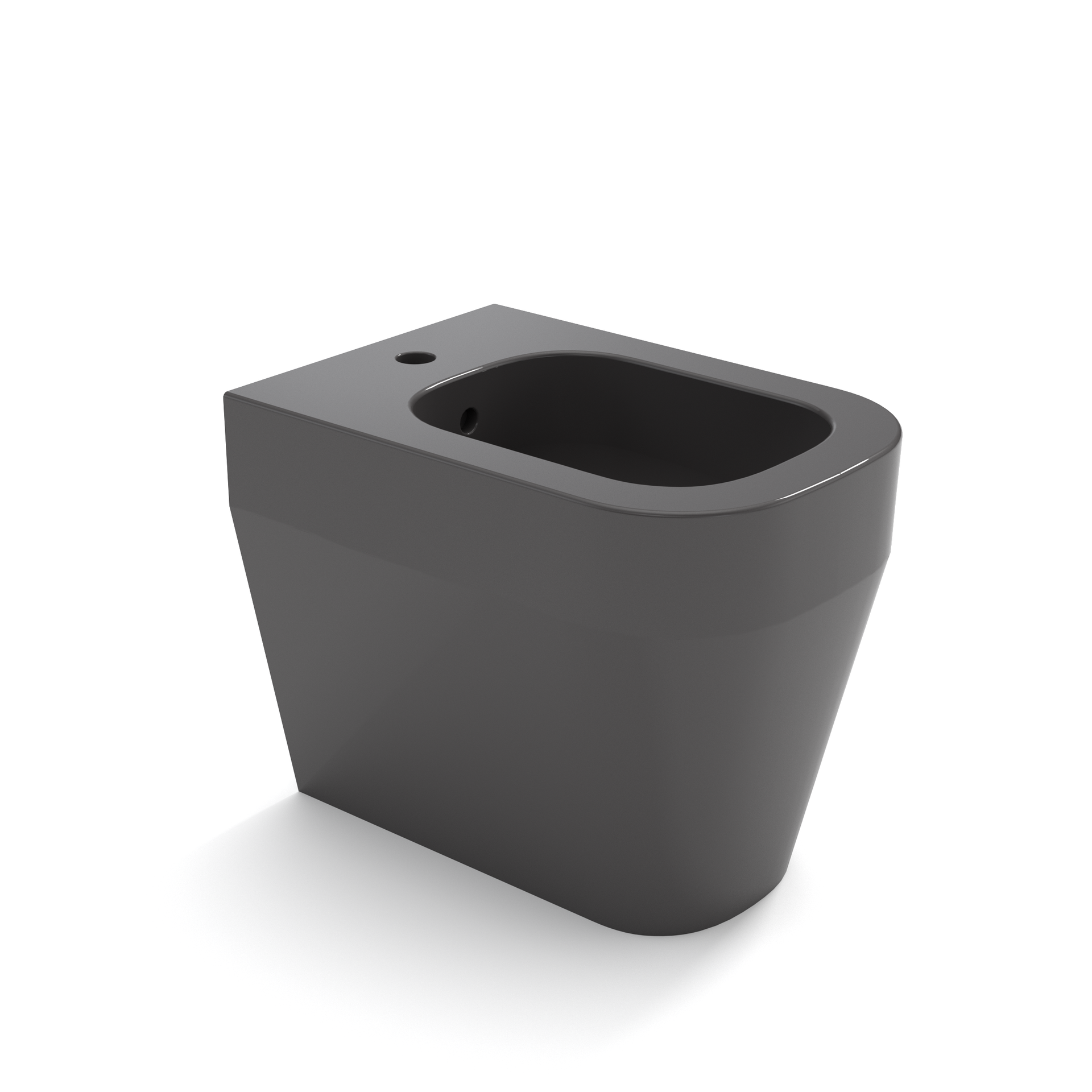 WC moderno grigio scuro con sedile aperto e tazza ovale su sfondo bianco.