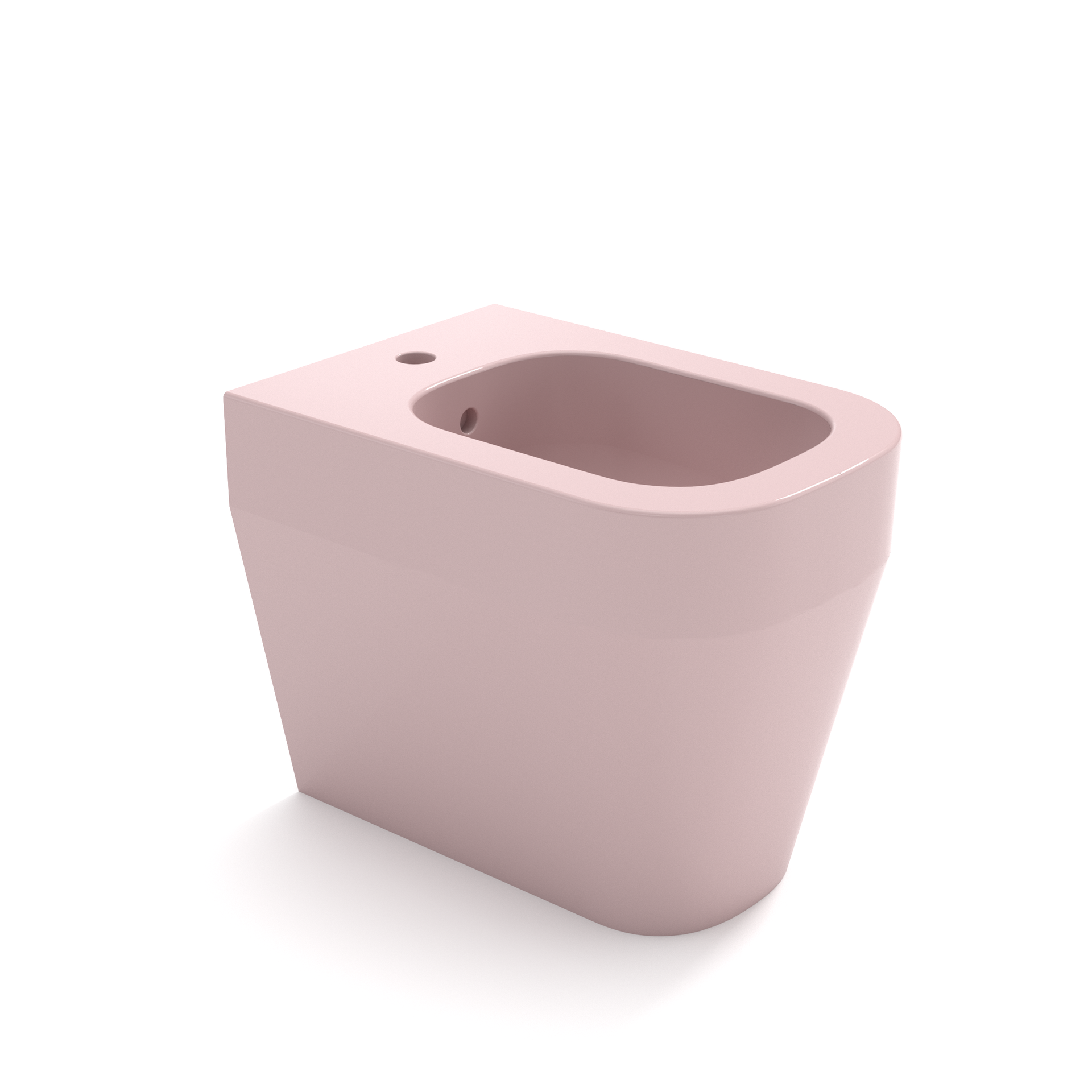 WC moderno rosa con cassetta di scarico arrotondata e tazza aperta senza sedile su sfondo bianco.