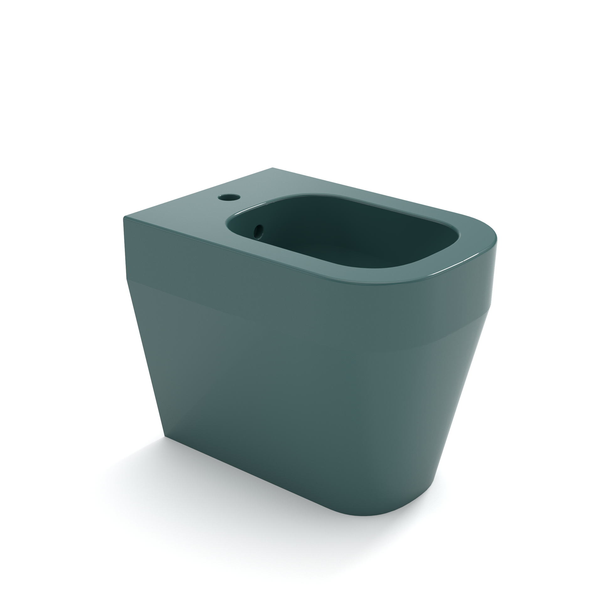 WC moderno di colore verde con tazza rettangolare arrotondata su sfondo bianco.