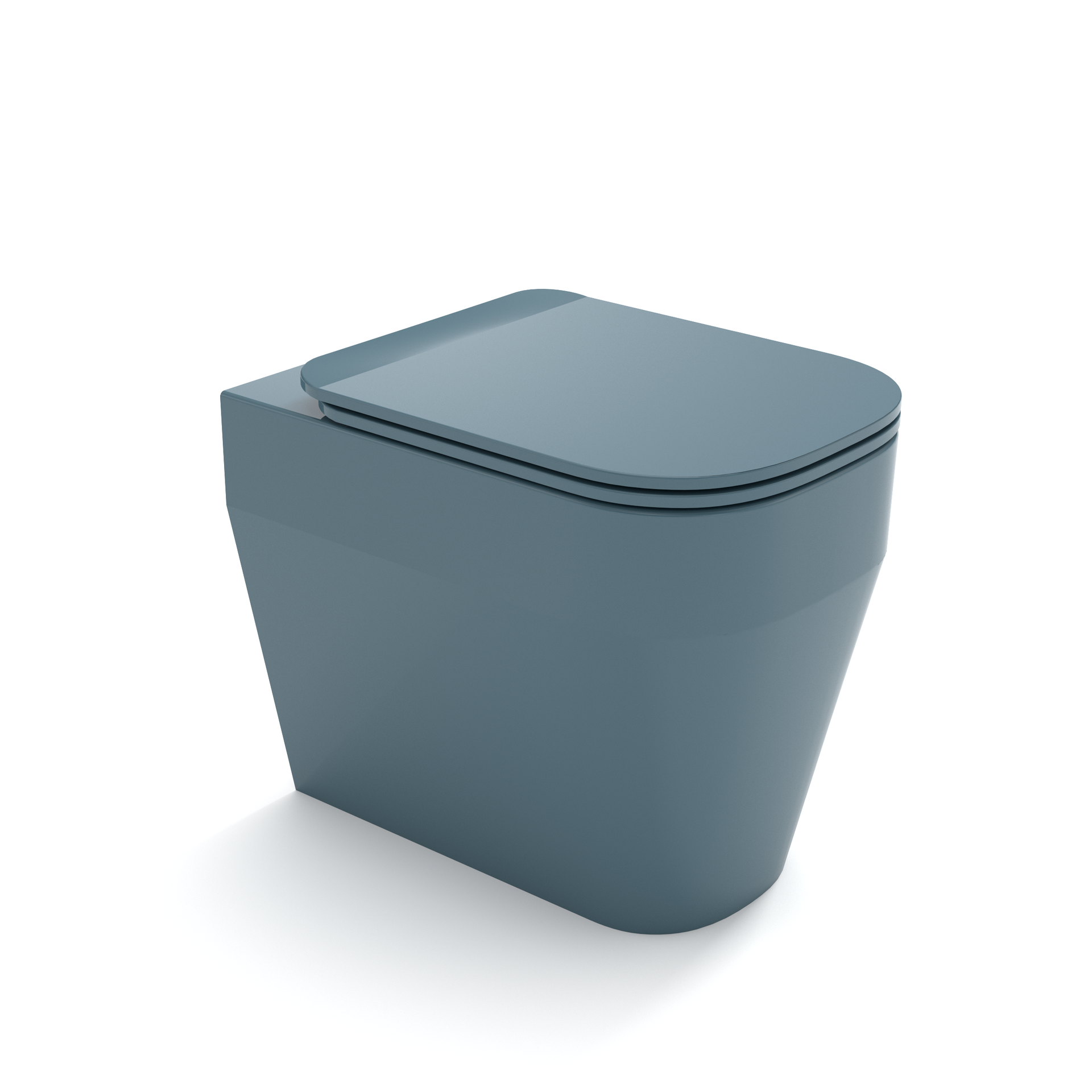 WC moderno blu-grigio con coperchio chiuso su sfondo bianco.