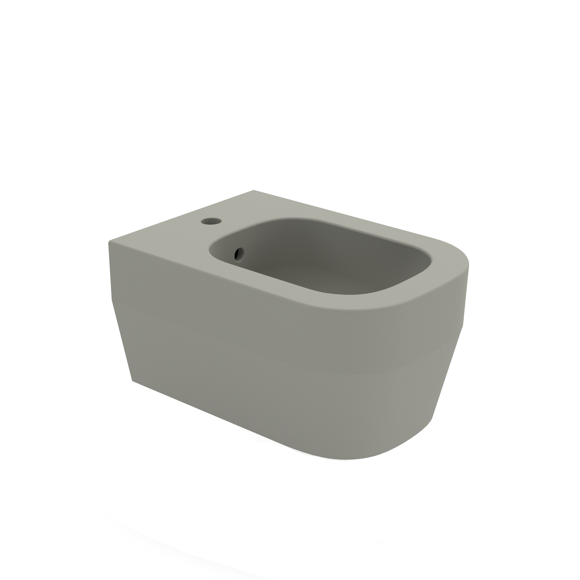 WC sospeso di colore grigio con tazza rettangolare arrotondata e apertura superiore.