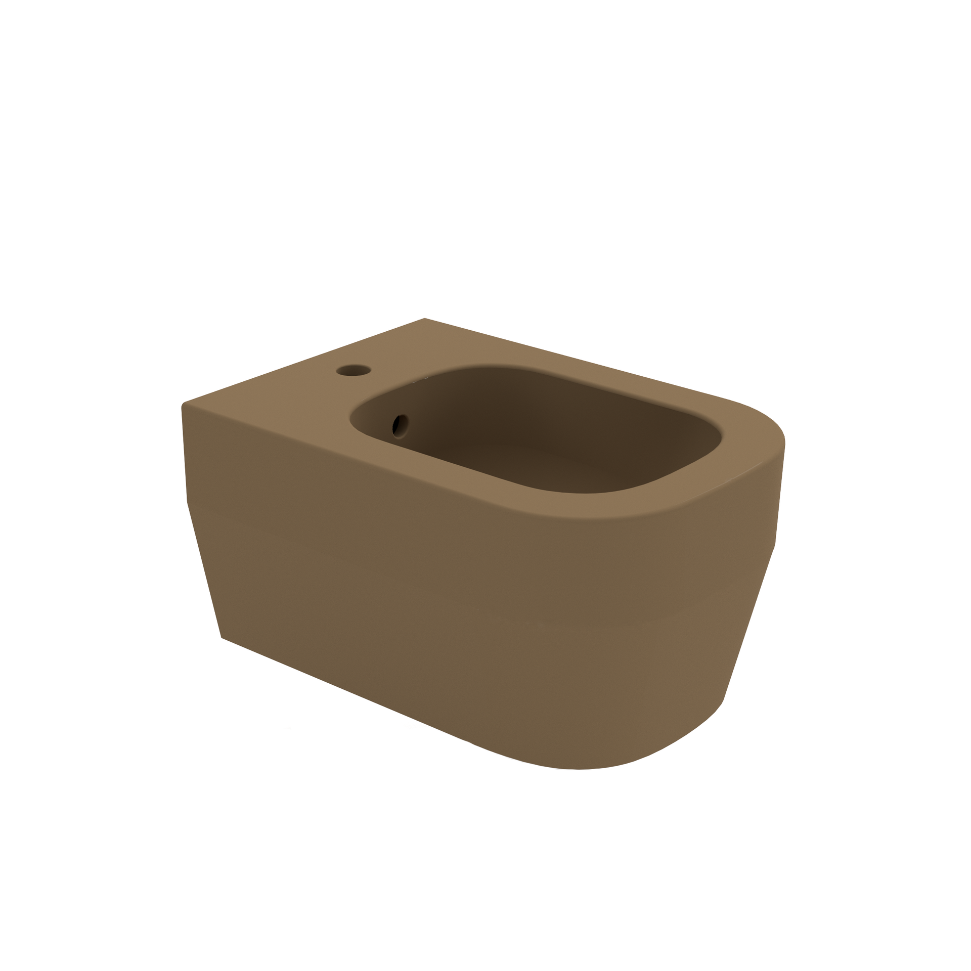 Bidet a parete di colore marrone con vasca rettangolare arrotondata e foro per il rubinetto.