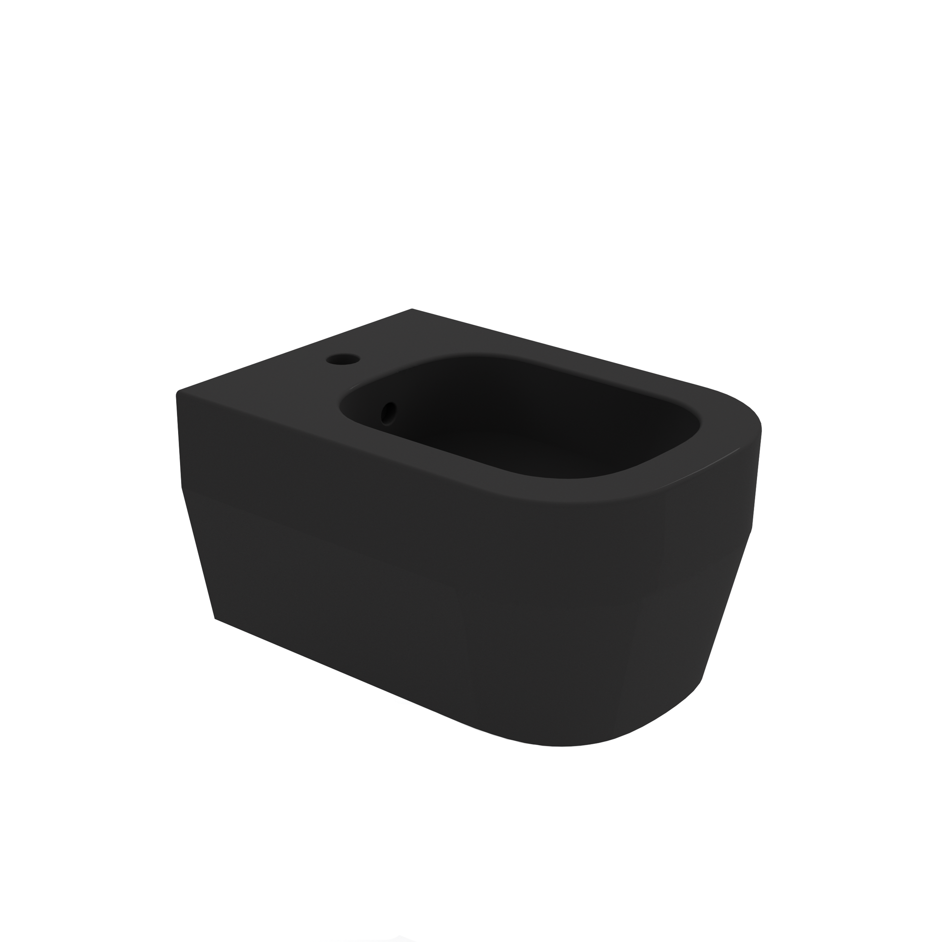 Bidet nero a parete con vasca arrotondata e foro singolo per il rubinetto, mostrato su sfondo bianco.