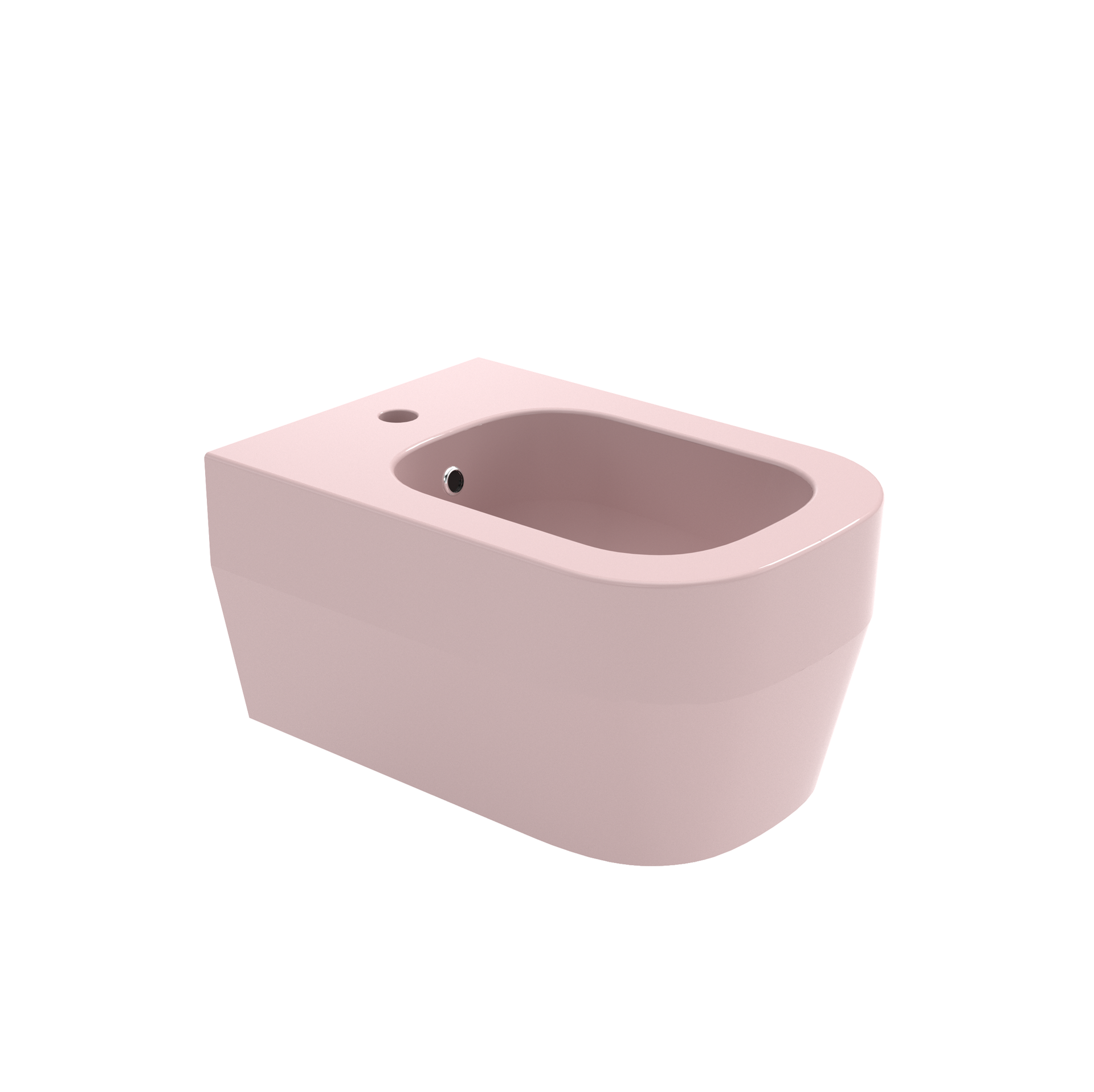 Bidet a parete in ceramica rosa chiaro con vasca arrotondata e due fori per il rubinetto.