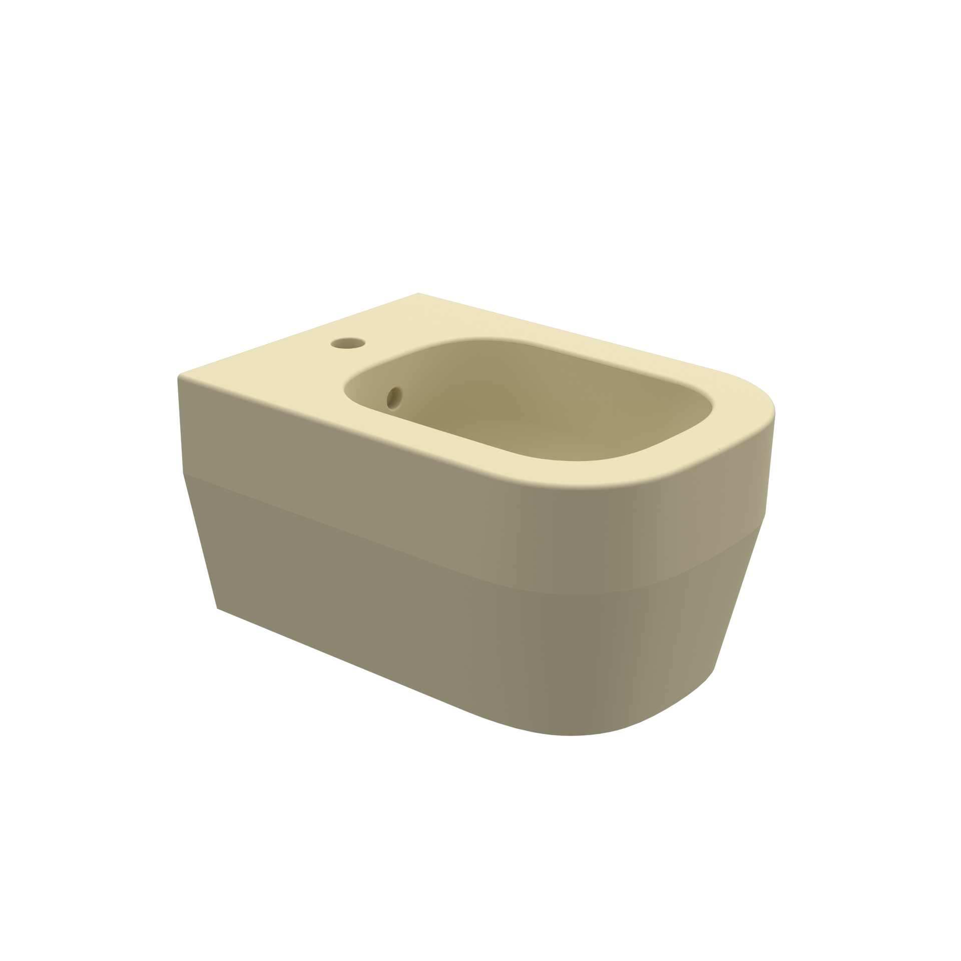 Bidet in ceramica beige con vasca arrotondata e foro laterale per il rubinetto su sfondo bianco.