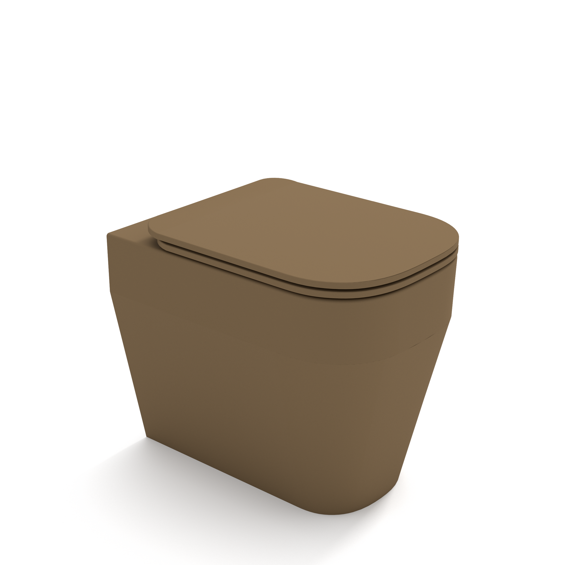 Wc moderno di colore marrone con coperchio su sfondo bianco.