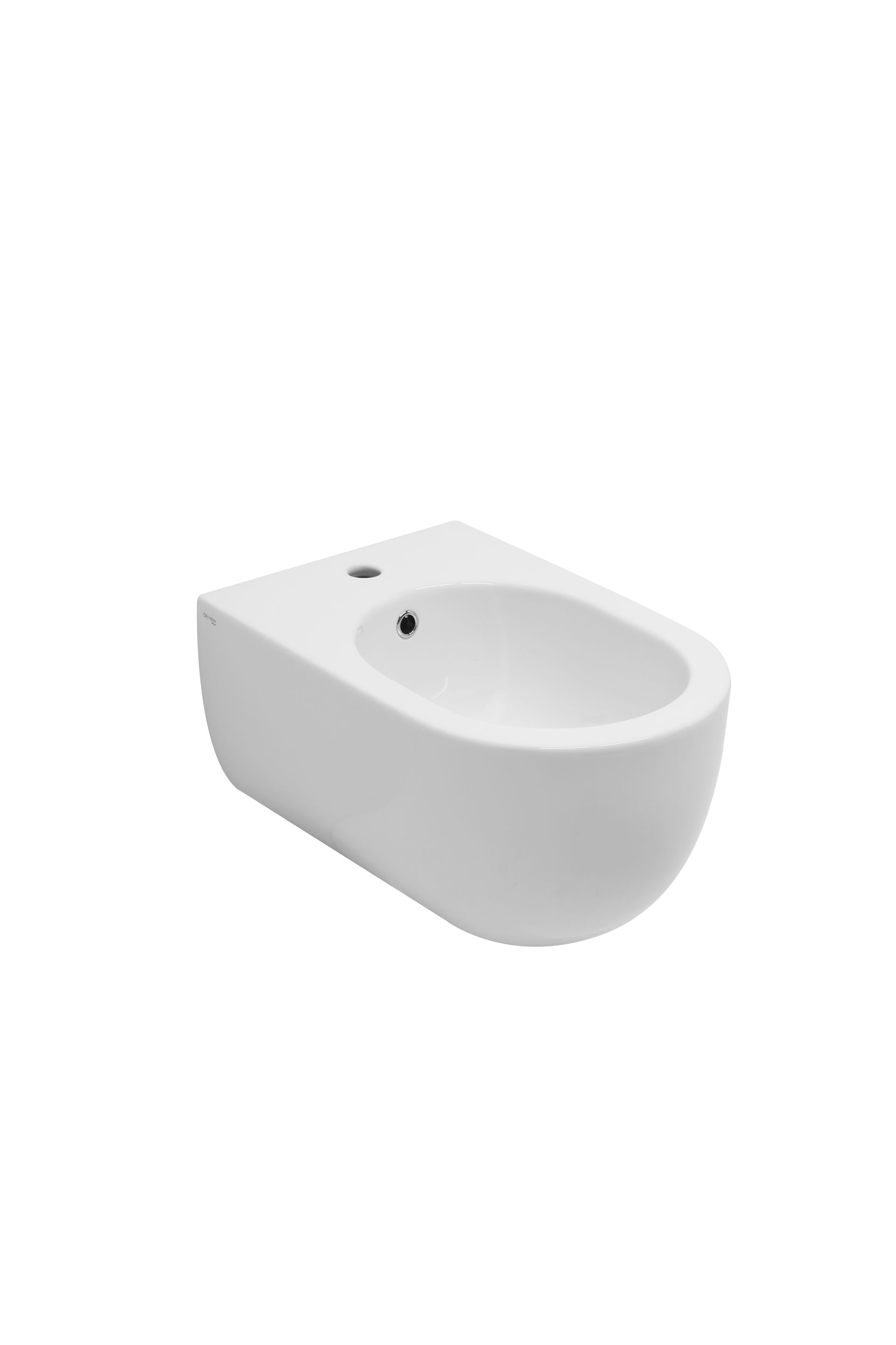 Bidet in ceramica bianca con vaso arrotondato, ugello singolo e installazione a parete.