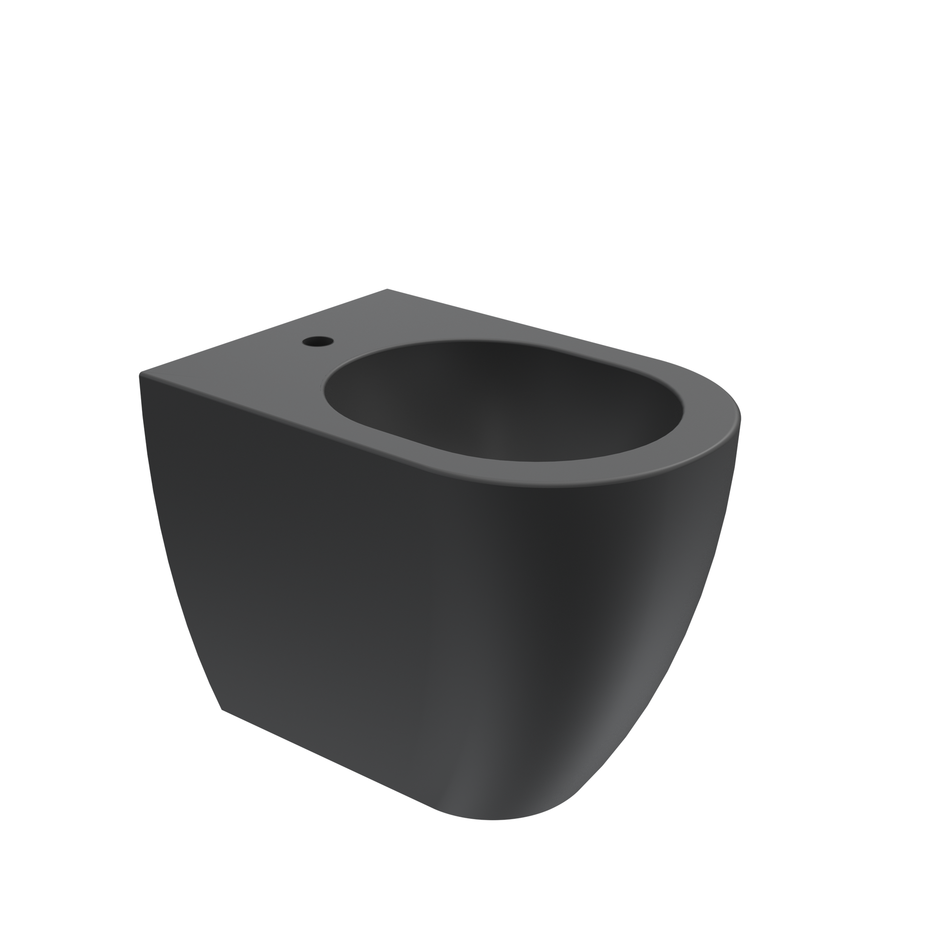 Vaso WC nero con sedile aperto e piccolo foro di scarico su sfondo bianco.
