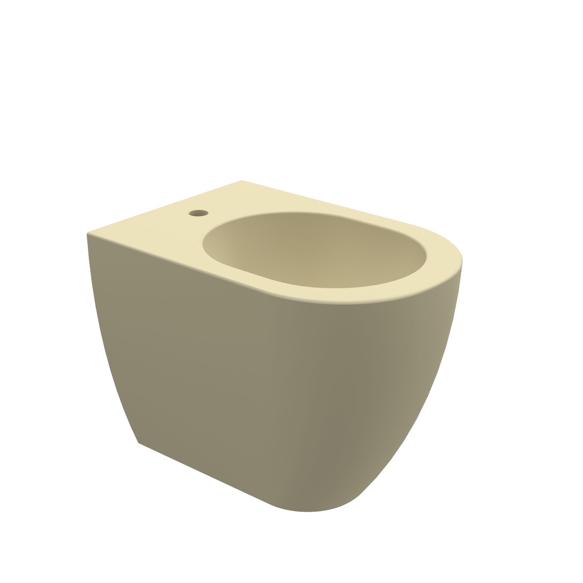 Vaso WC beige in 3D con tazza aperta, mostrato su sfondo bianco.