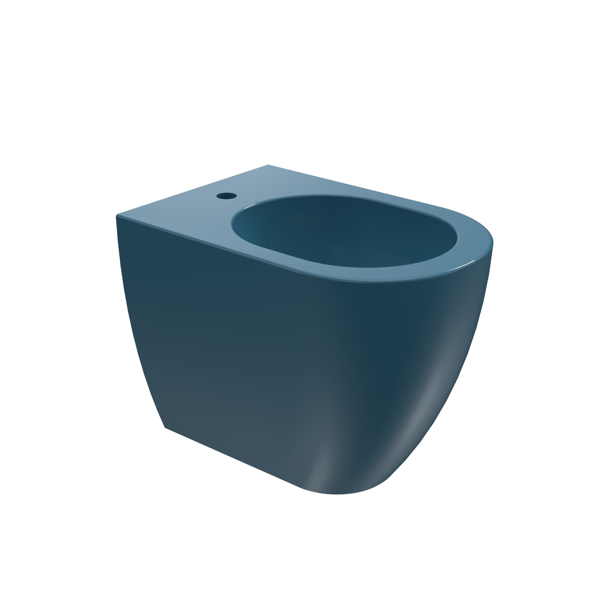 WC moderno blu con tazza rotonda e piccolo foro nella parte superiore