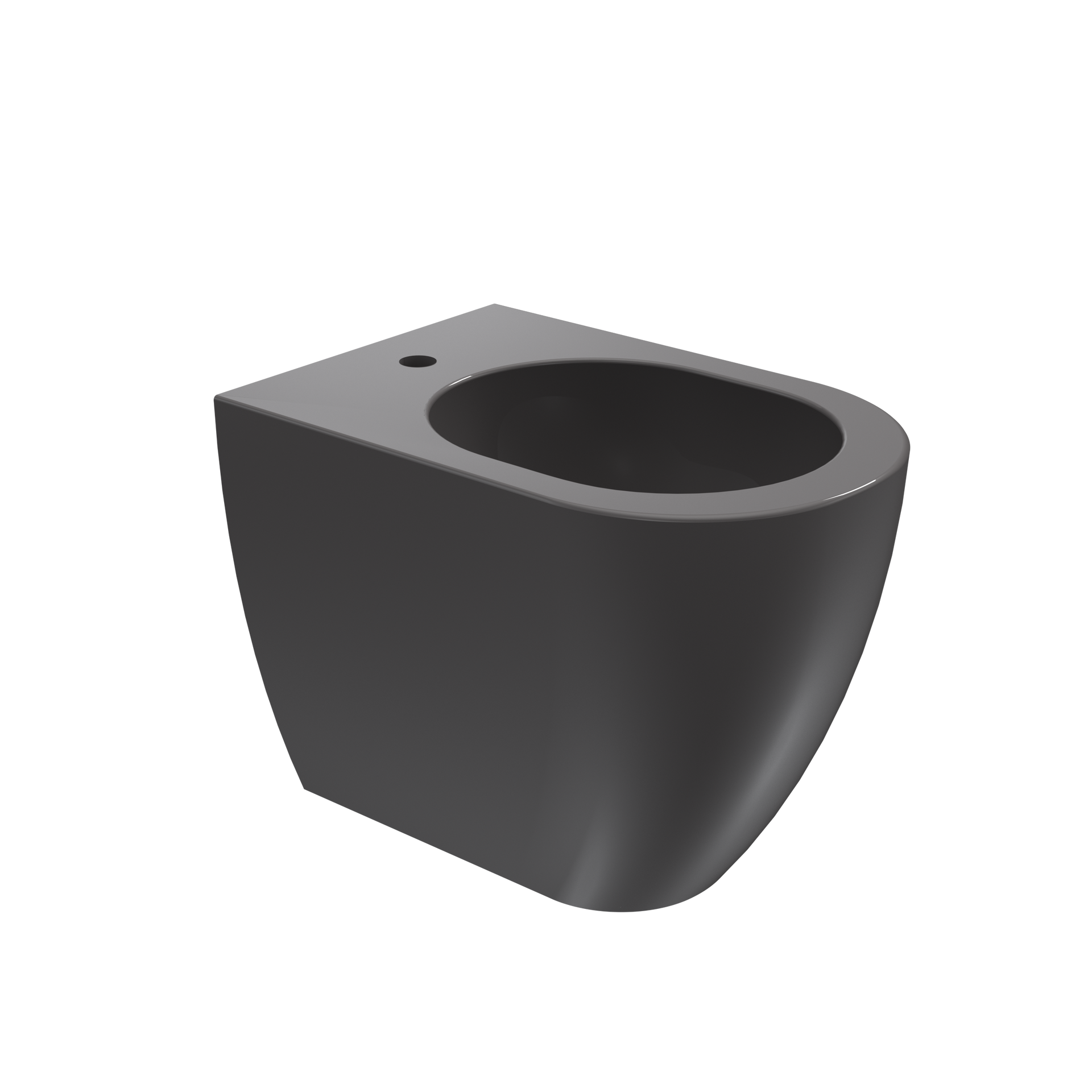WC grigio scuro con parte frontale arrotondata e piccolo foro nella parte superiore, isolato su sfondo bianco.