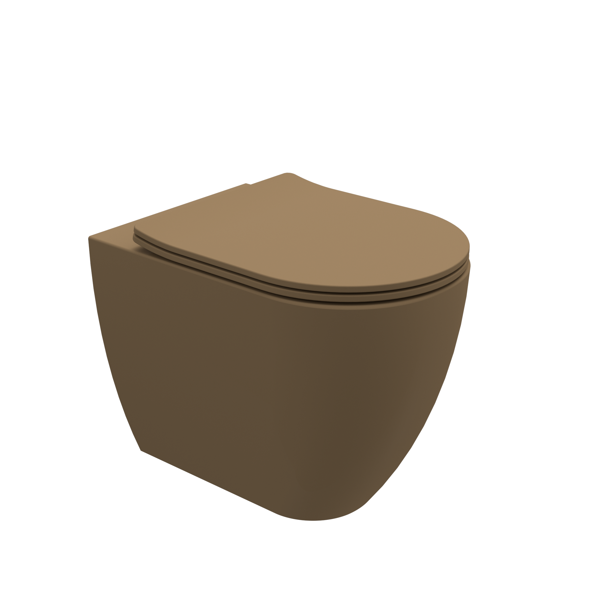 Wc marrone arrotondato con coperchio incernierato su sfondo bianco.