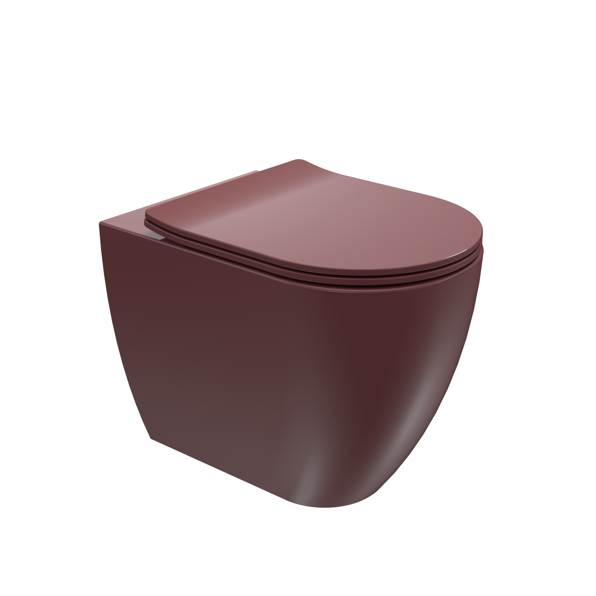 Wc moderno bordeaux arrotondato con coperchio aderente su sfondo bianco.