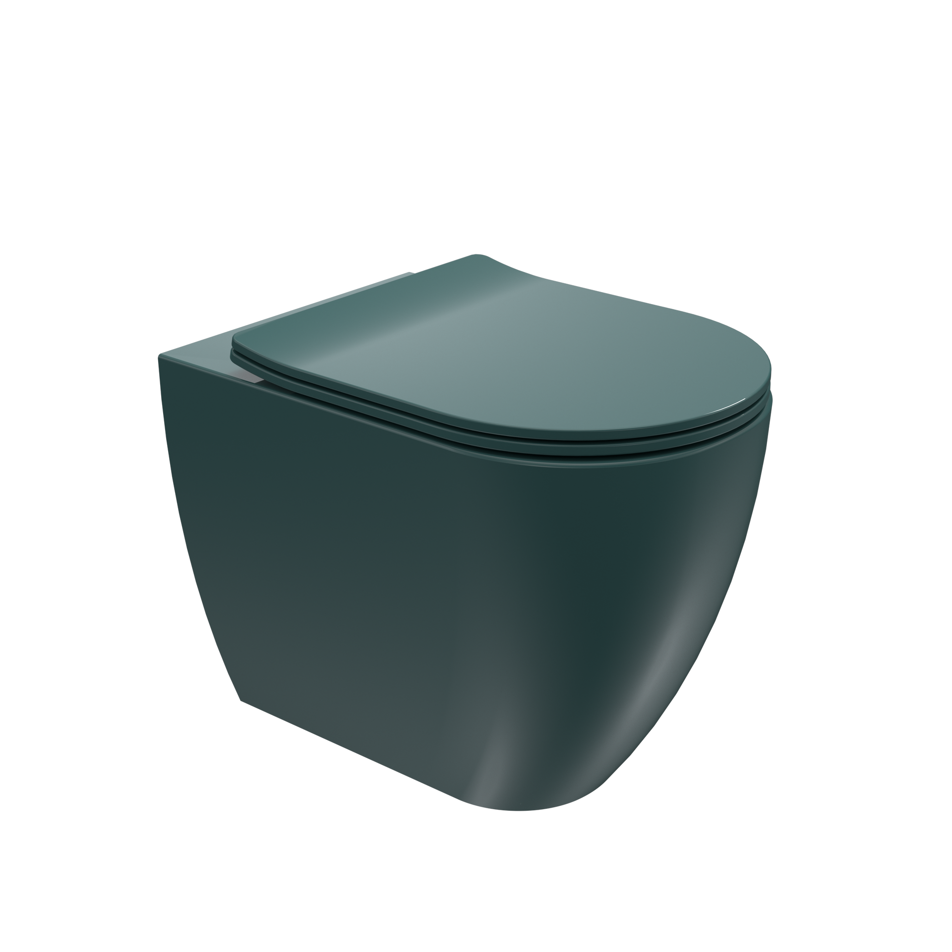 WC moderno di colore verde scuro con coperchio arrotondato su sfondo bianco.