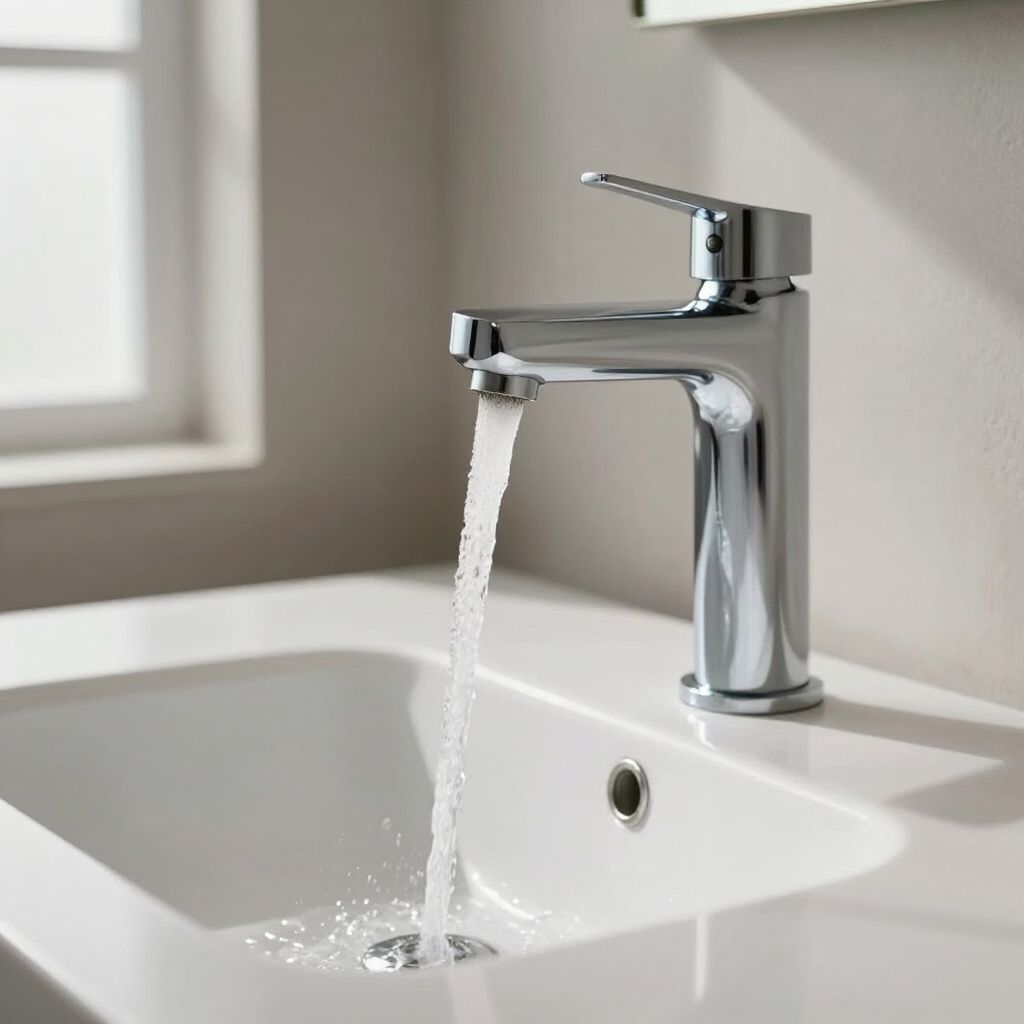 Chrome faucet with running water into a white sink.