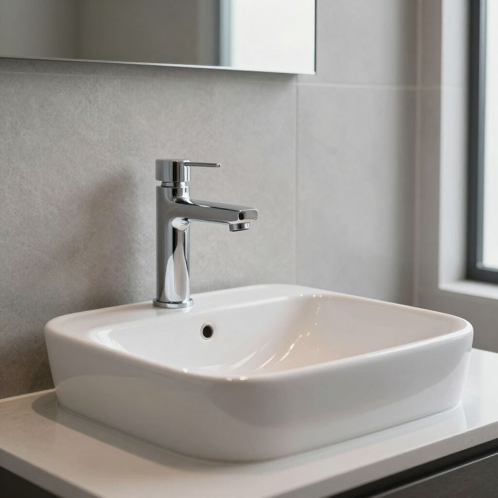 White ceramic rectangular bathroom sink with chrome faucet against gray wall.
