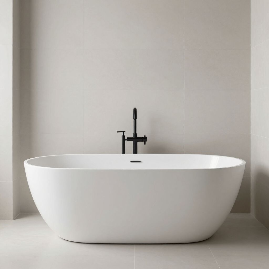 White oval bathtub with black faucet, set against a tiled wall.