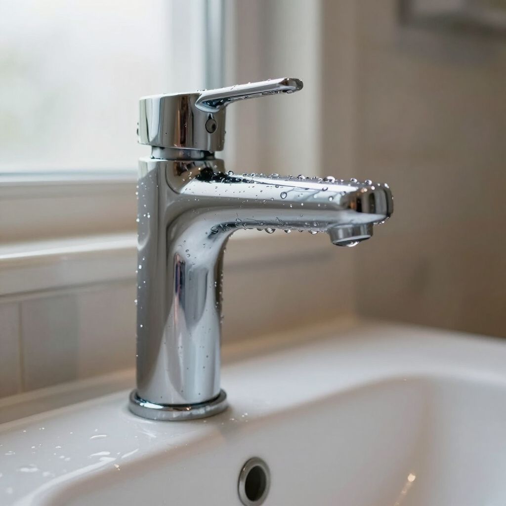 Shiny, chrome faucet with water droplets on a white sink, near a window.
