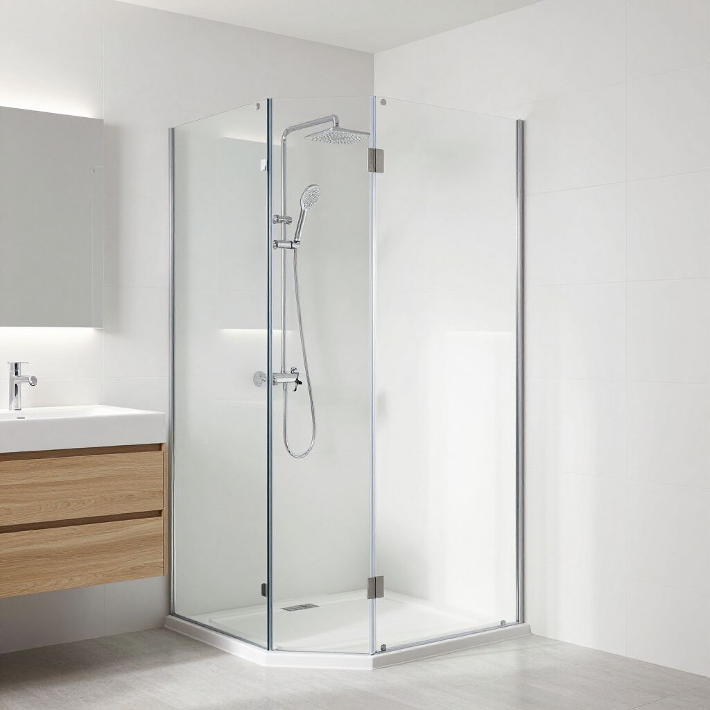 Corner shower with glass doors in a white bathroom.