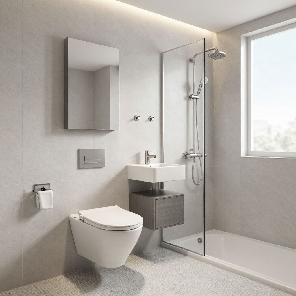 Modern bathroom with gray walls, white toilet, floating vanity, shower, and window.