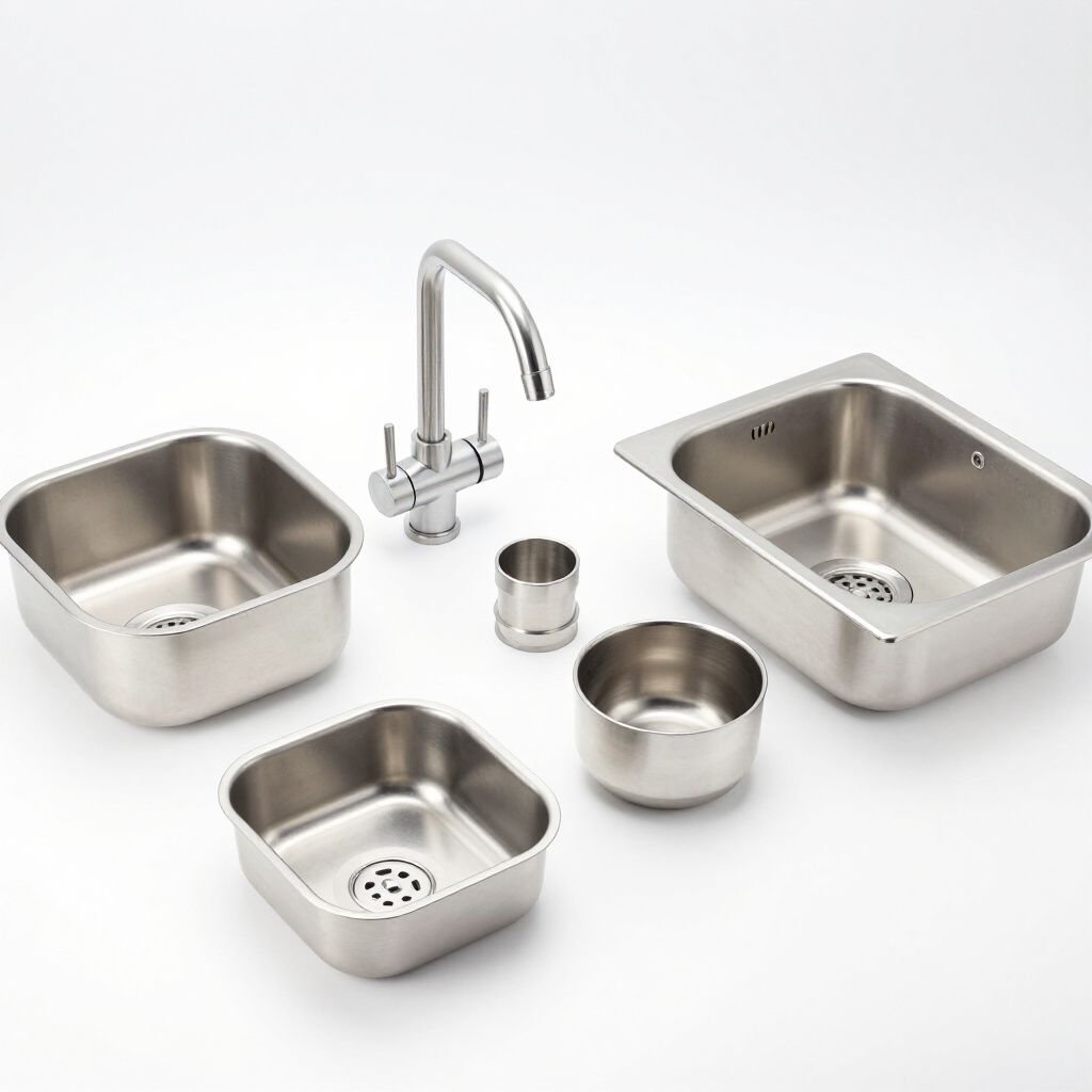Stainless steel kitchen sink components: sinks, faucet, and drain accessories on a white background.