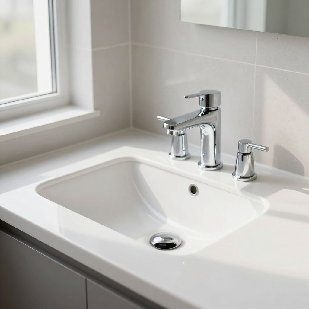 White bathroom sink with chrome faucet and soap dispenser. Set in a white countertop next to a window.