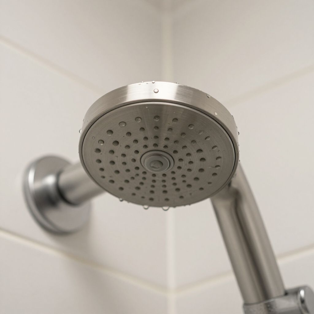 Silver shower head with water droplets against white tiled wall.