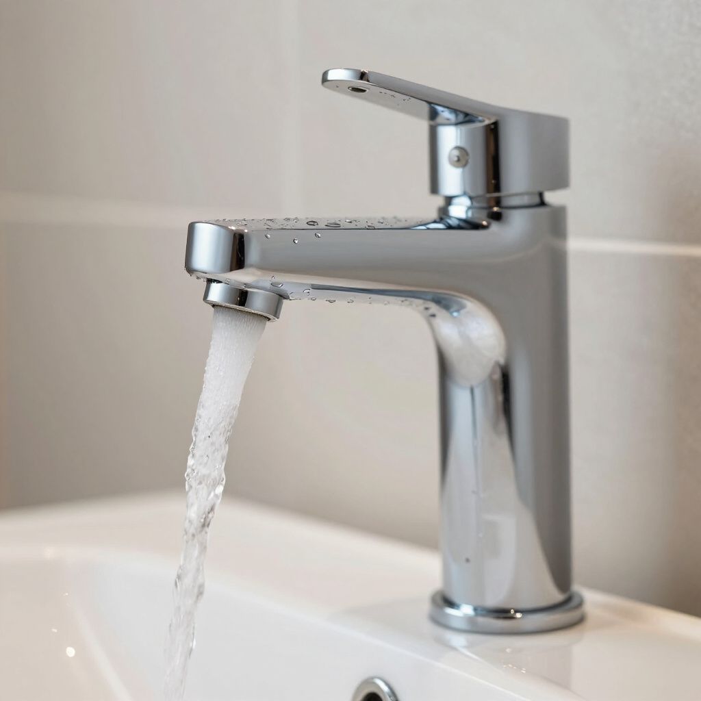 Chrome faucet with water running into a white sink.