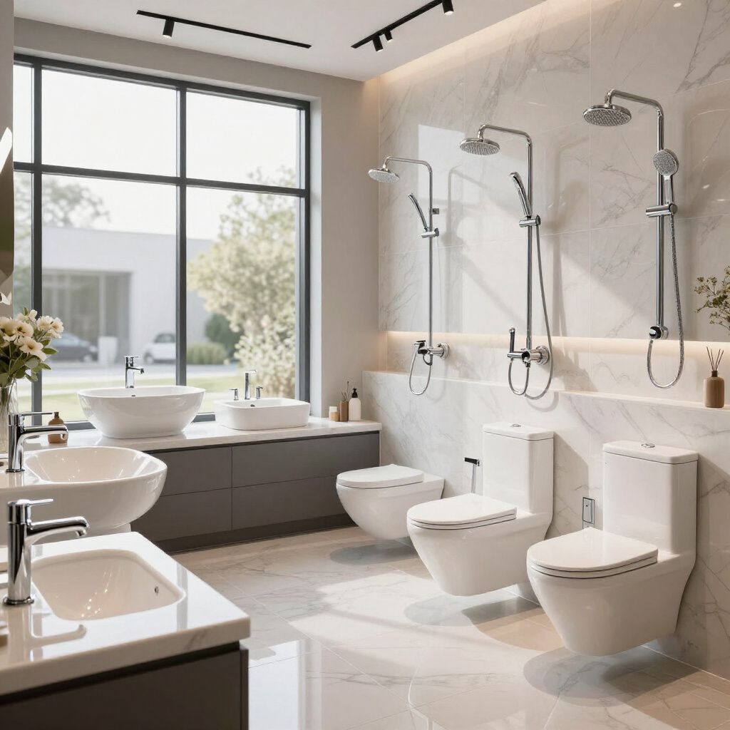 Bathroom showroom with sinks, toilets, and shower fixtures on display.