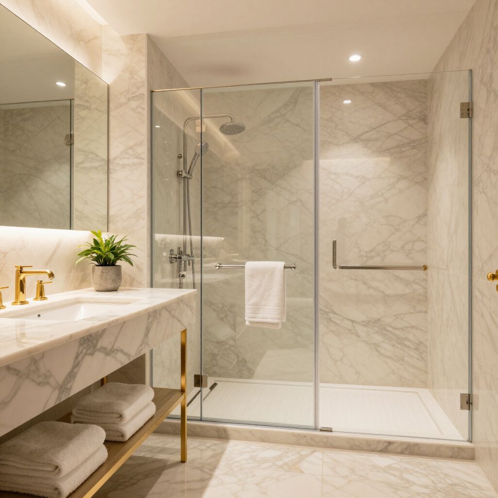 Luxury bathroom with marble walls, glass shower, gold fixtures, and a white sink.