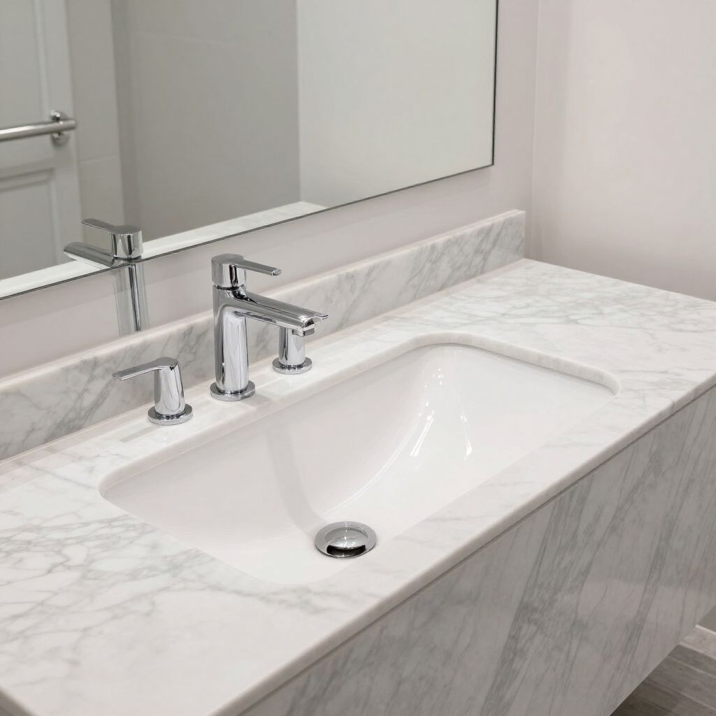 White bathroom sink with marble countertop and chrome faucet.