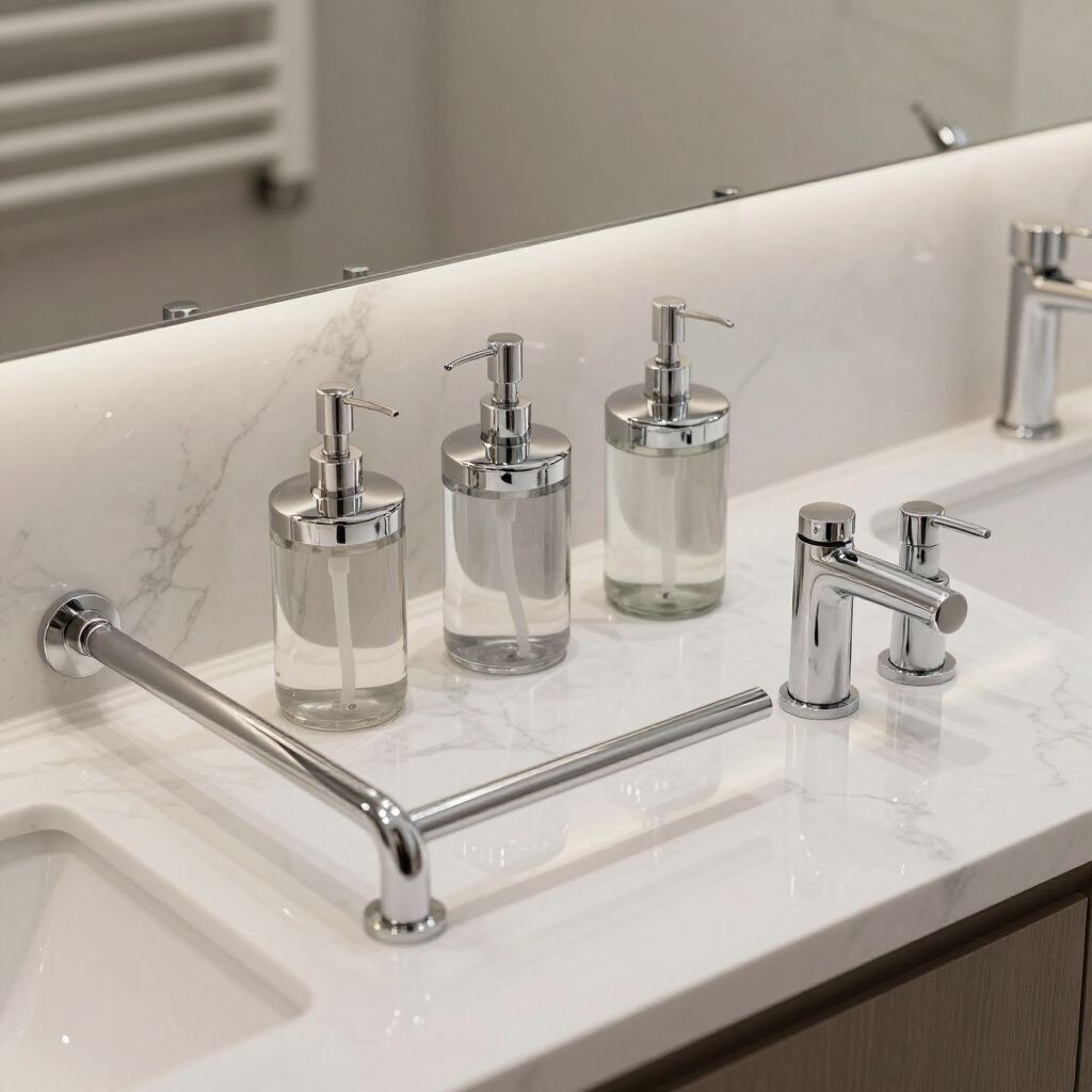 Bathroom with a marble countertop. Chrome soap dispensers, faucets, and a towel bar are arranged on the countertop.