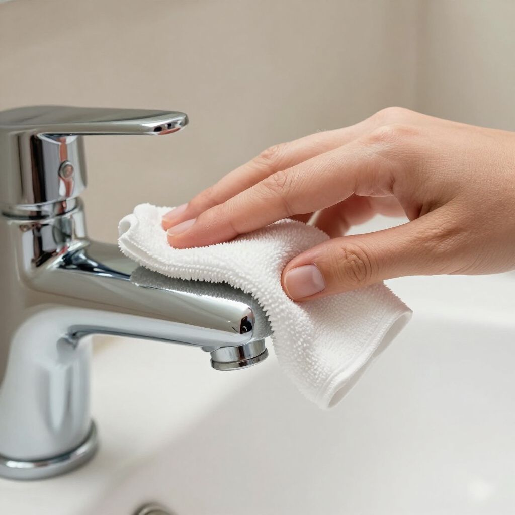 Hand cleaning a chrome faucet with a white cloth in a bathroom.