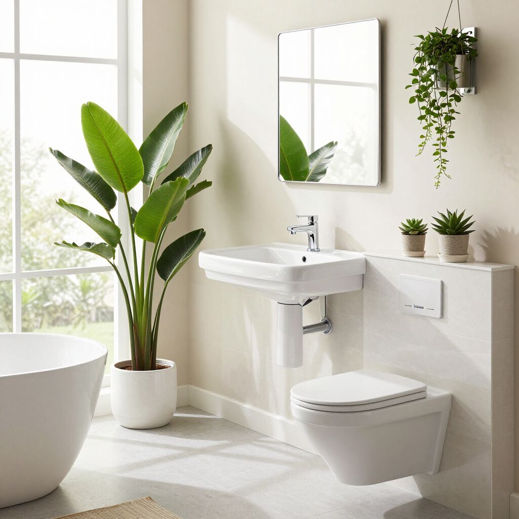 Modern bathroom with white fixtures, large potted plant, and greenery.