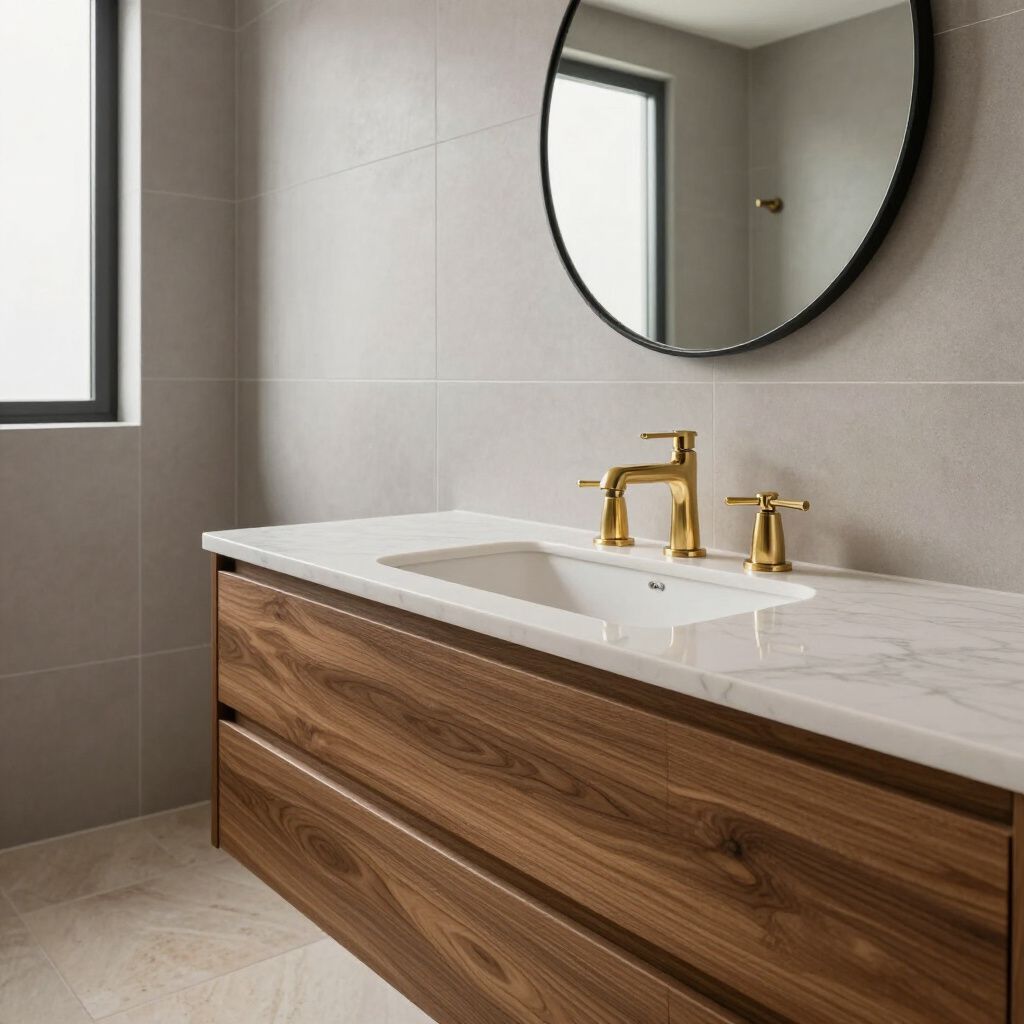 Bathroom with a walnut vanity, white countertop, gold fixtures, and a round mirror.