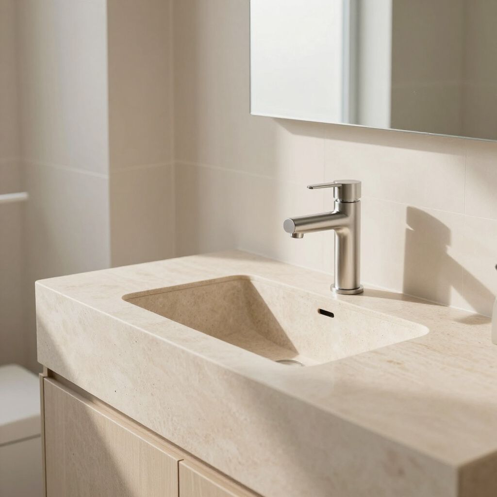 Modern bathroom sink with a faucet on a beige countertop, mirror in the background.