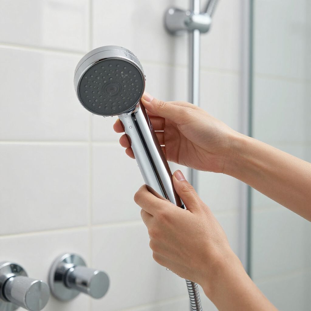 Hands holding a chrome shower head in a bathroom, near a white tiled wall.