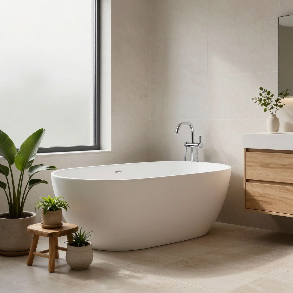 Modern bathroom with white freestanding tub, wood vanity, and plants.